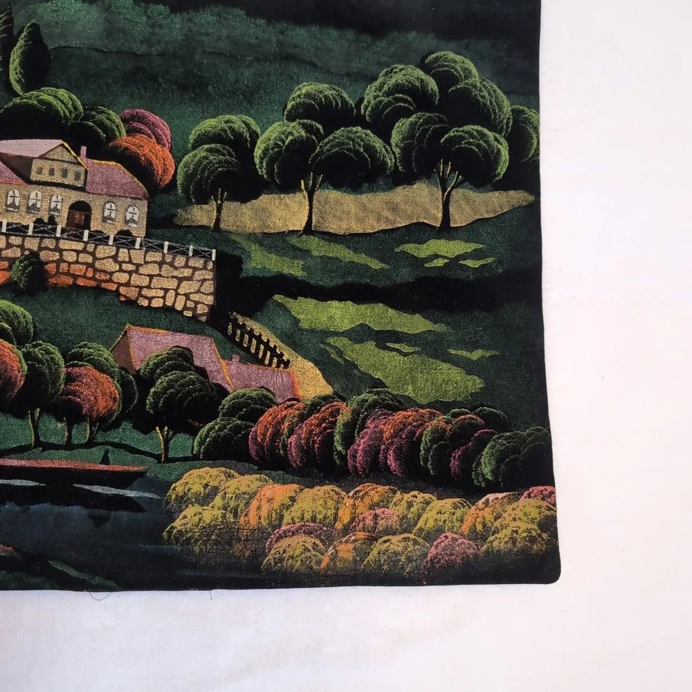 Vintage Hand Painted Velvet Painting Wall Hanging Colorful Village Folk Art MCM